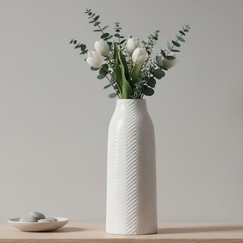 hjn Large White Vase for Flowers Ceramic Vase for Home Decor Tall Vases for Your Floor/Kitchen/Office/Living Room/Table- White Texture(Large) - Image 1